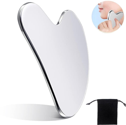 85*55mm - Stainless Steel Gua Sha Facial Instruments - Lymphatic Drainage Massage - Gua Sha for the Face - Metal Gua Sha - Skin Self-Care - Facial Sculpting Gua Sha - for the Body, Eyes, Jawline Shaper - with Dust Bag - Silver.