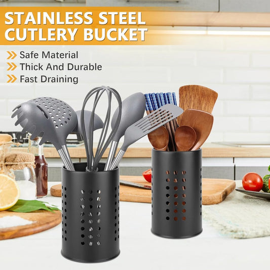 2 pieces - 18*12cm and 16.5*10cm - kitchen tool holder - stainless steel cutlery basket - tableware storage - drain rack - cutlery box - for organizing drawers and countertops - for kitchens - black