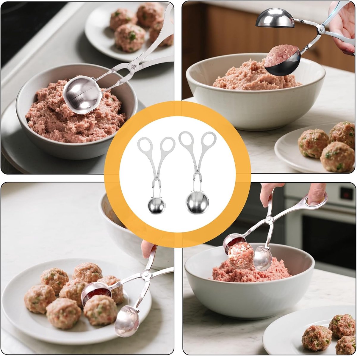 2 pieces - Meatball maker - Meatball tongs - Meatball mold - Meatball spoon - Tongs - Non-stick meatball tongs - Ice cream scoop - Clamp mold - Kitchen utensil - Diameter 3.5 cm, 4.5 cm - for making meatballs, ice cream, rice balls and fruit - silver