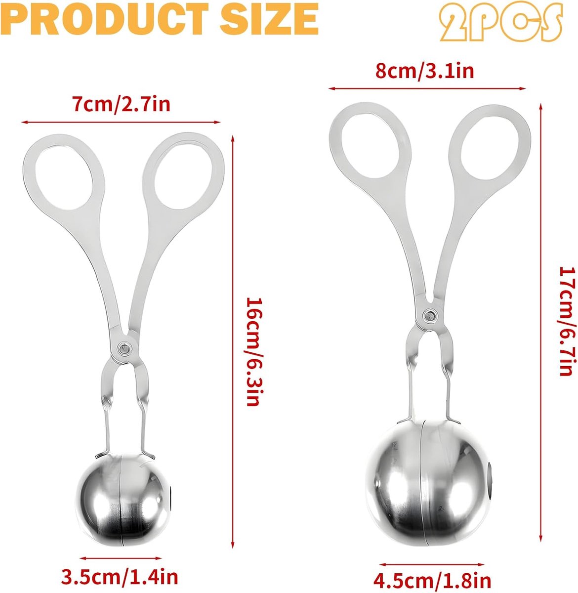 2 pieces - Meatball maker - Meatball tongs - Meatball mold - Meatball spoon - Tongs - Non-stick meatball tongs - Ice cream scoop - Clamp mold - Kitchen utensil - Diameter 3.5 cm, 4.5 cm - for making meatballs, ice cream, rice balls and fruit - silver