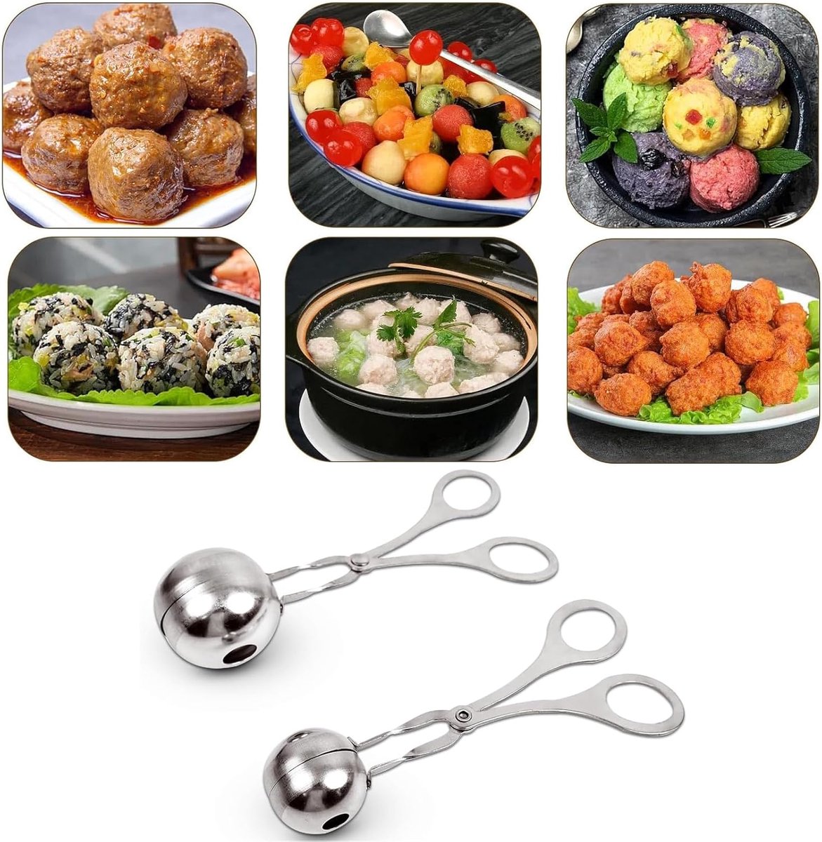 2 pieces - Meatball maker - Meatball tongs - Meatball mold - Meatball spoon - Tongs - Non-stick meatball tongs - Ice cream scoop - Clamp mold - Kitchen utensil - Diameter 3.5 cm, 4.5 cm - for making meatballs, ice cream, rice balls and fruit - silver