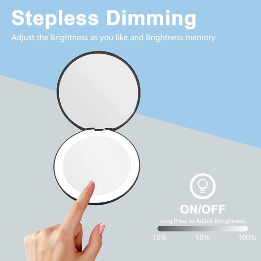 Makeup mirror - Illuminated compact mirror - rechargeable - 1x/10x magnifying makeup mirror - Mirror - portable travel makeup mirror - with natural daylight and LED lighting - small dimmable illuminated mirror - for handbag - 9*1.8 cm - black.