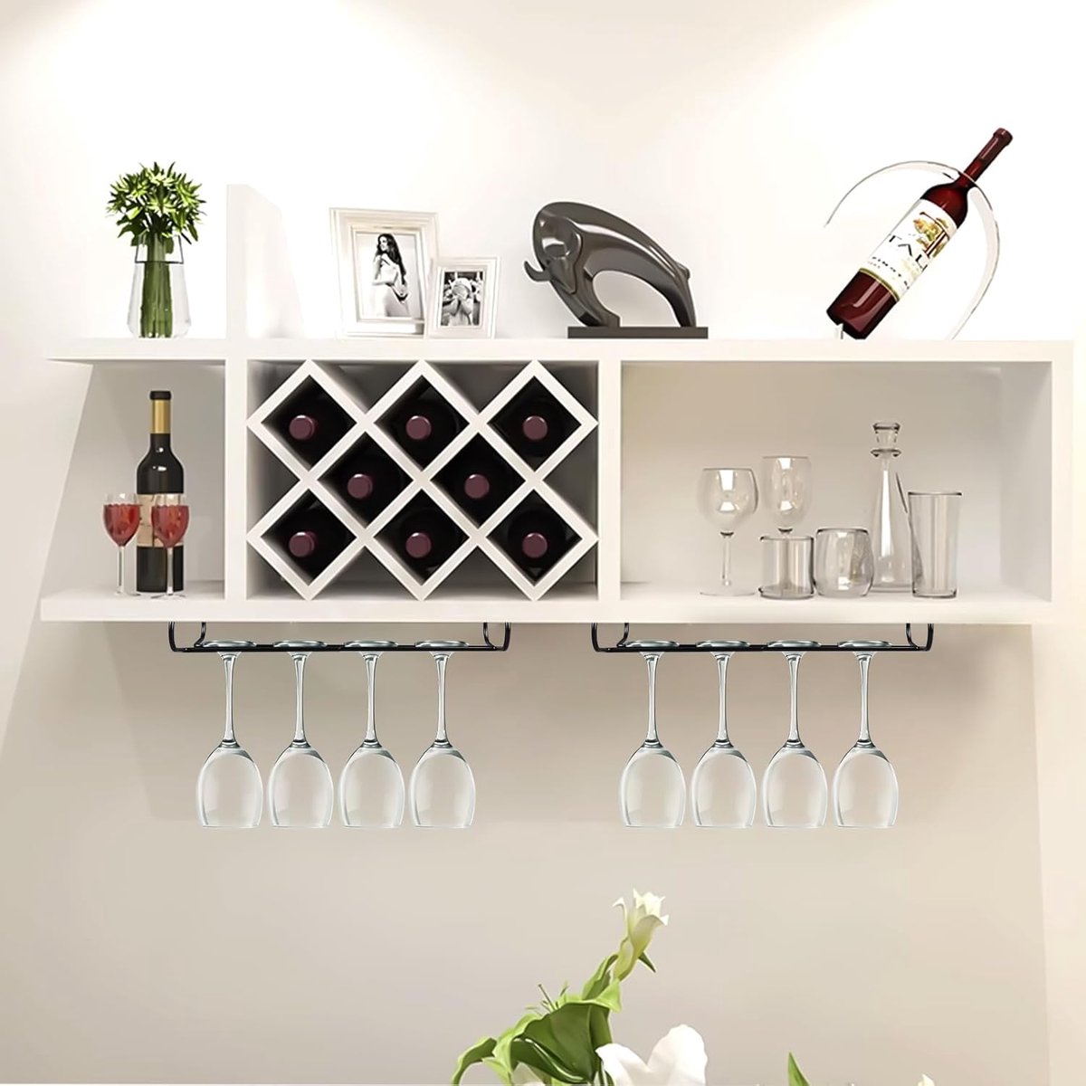 Wine glass holder - Glass hooks for shelf - Iron glass holder for glasses - Wall display holder - Hanging glass holders - Metal hanging glass holder - Display rack - hooks - for bars, wine cabinets, cupboards, kitchens, restaurants - 26*11.5 cm - black