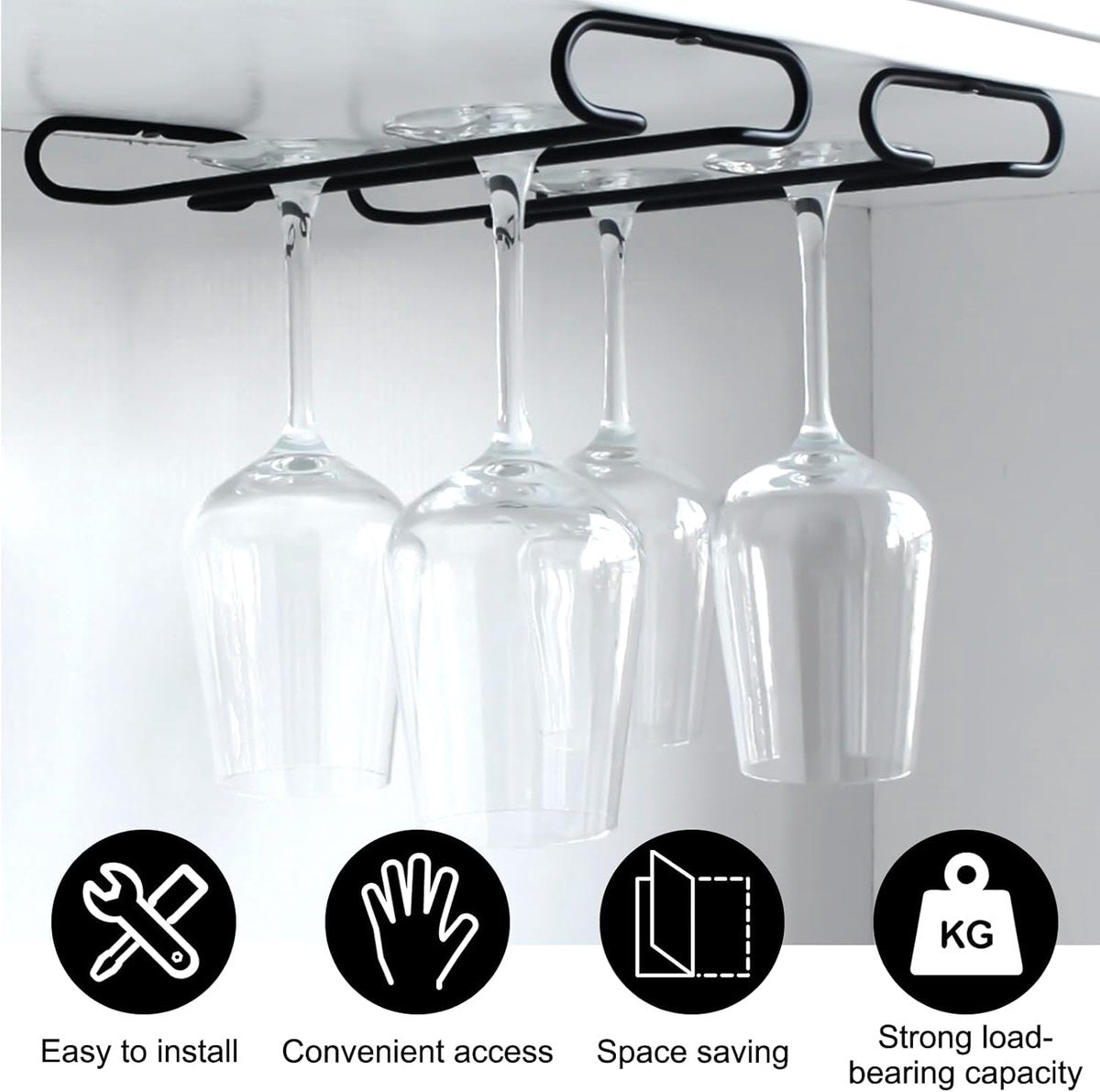Wine glass holder - Glass hooks for shelf - Iron glass holder for glasses - Wall display holder - Hanging glass holders - Metal hanging glass holder - Display rack - hooks - for bars, wine cabinets, cupboards, kitchens, restaurants - 26*11.5 cm - black