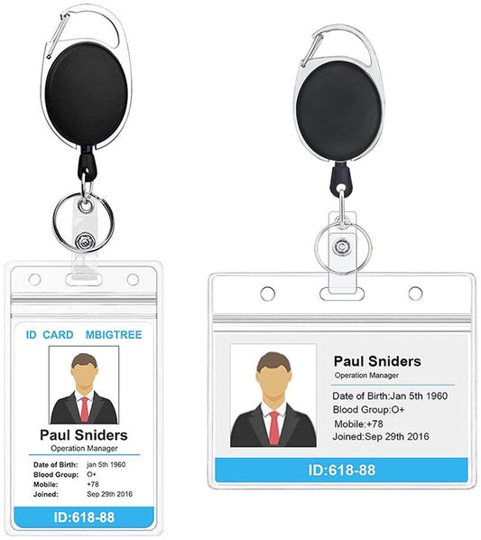 2 Pieces Heavy Duty Retractable Badge Holder - Extendable Keychains - D-Clip - with Carabiner - Waist Clip Drawstring - Badge Holder Drawstring - Retractable Reel ID Badge Card Holder - Vertical - Card Holder Drawstring - Clip ID Holder - Black/Silver.