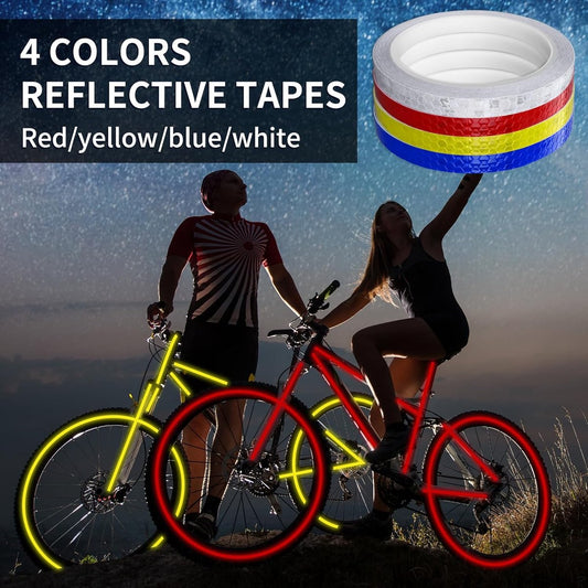 4 rolls - 1cm * 8m - Reflective tape - self-adhesive safety markings - reflective strips - reflective stickers - warning tape - for visibility - for vehicles and outdoor helmets - white, yellow, red, blue.
