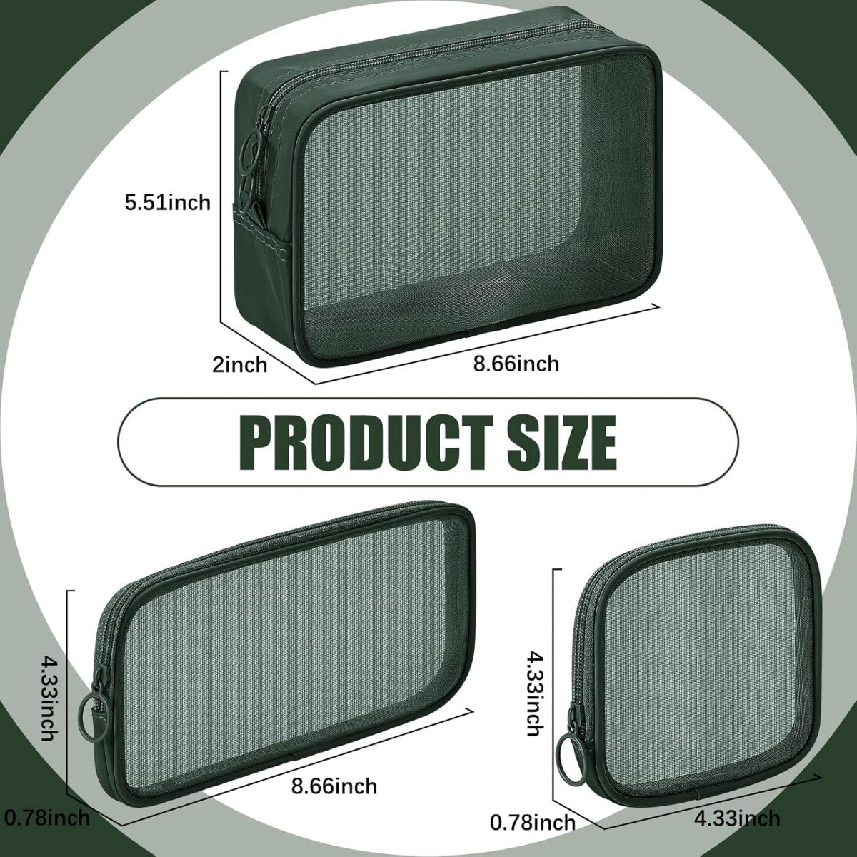 pieces - Cosmetic bag - Travel toiletry bag - Storage bag - mesh cosmetic bag - travel bag with zipper - mini makeup bag - for daily accessories - for travel and daily use - small, large, medium - olive green.