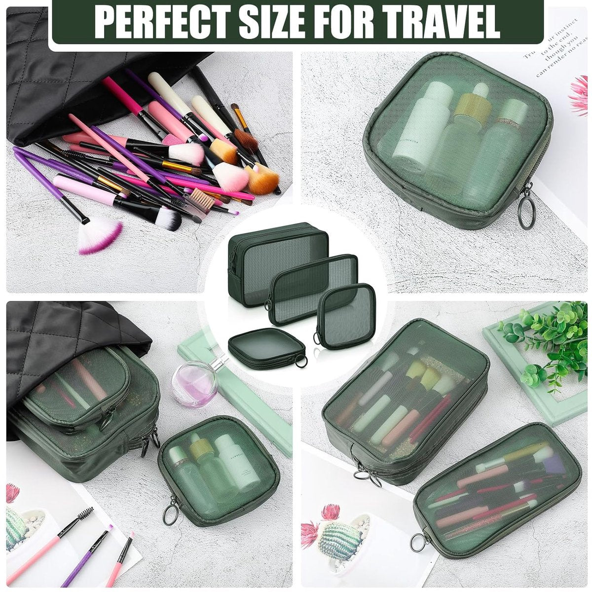pieces - Cosmetic bag - Travel toiletry bag - Storage bag - mesh cosmetic bag - travel bag with zipper - mini makeup bag - for daily accessories - for travel and daily use - small, large, medium - olive green.