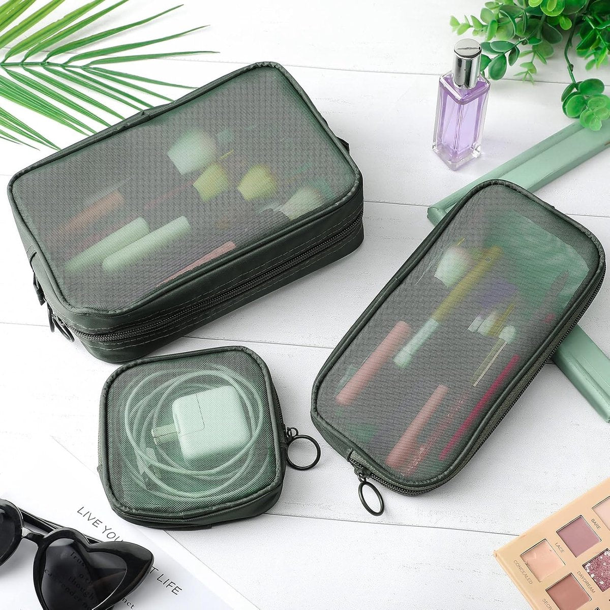 pieces - Cosmetic bag - Travel toiletry bag - Storage bag - mesh cosmetic bag - travel bag with zipper - mini makeup bag - for daily accessories - for travel and daily use - small, large, medium - olive green.
