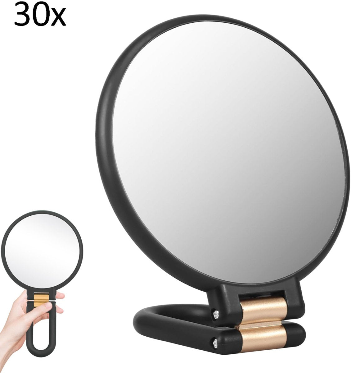 30X Magnifying Mirror - 24*14 cm - Hand Mirror with Folding Handle - Travel Magnifying Mirror with Handle - Double-Sided Magnifying Mirror - with 30x/1x Magnification - Portable Makeup Mirror - Multifunctional Hand Mirror - Black.