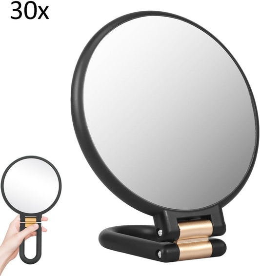 30X Magnifying Mirror - 24*14 cm - Hand Mirror with Folding Handle - Travel Magnifying Mirror with Handle - Double-Sided Magnifying Mirror - with 30x/1x Magnification - Portable Makeup Mirror - Multifunctional Hand Mirror - Black.