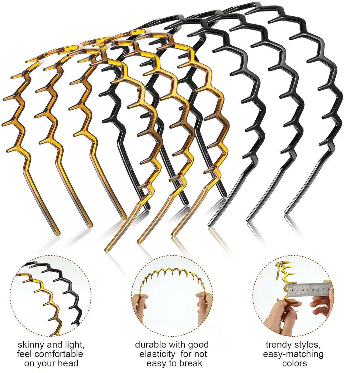 Pieces Zigzag Headbands - Women's Hairbands - for thick curly hair - plastic shark tooth combs - Hair Accessories - sawtooth headbands - plastic wavy tooth headbands - for men and women - black, brown.