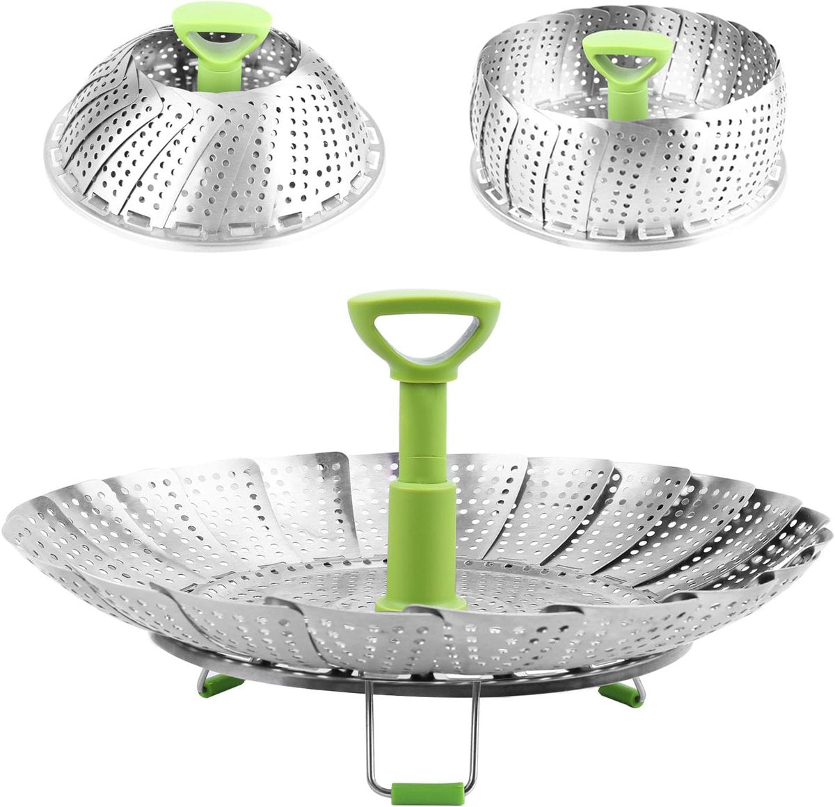 Vegetable steamer - Steamer basket - Stainless steel steamer - Fits all pans - Retractable - Adjustable - Foldable steam liner - With telescopic handle - silver.