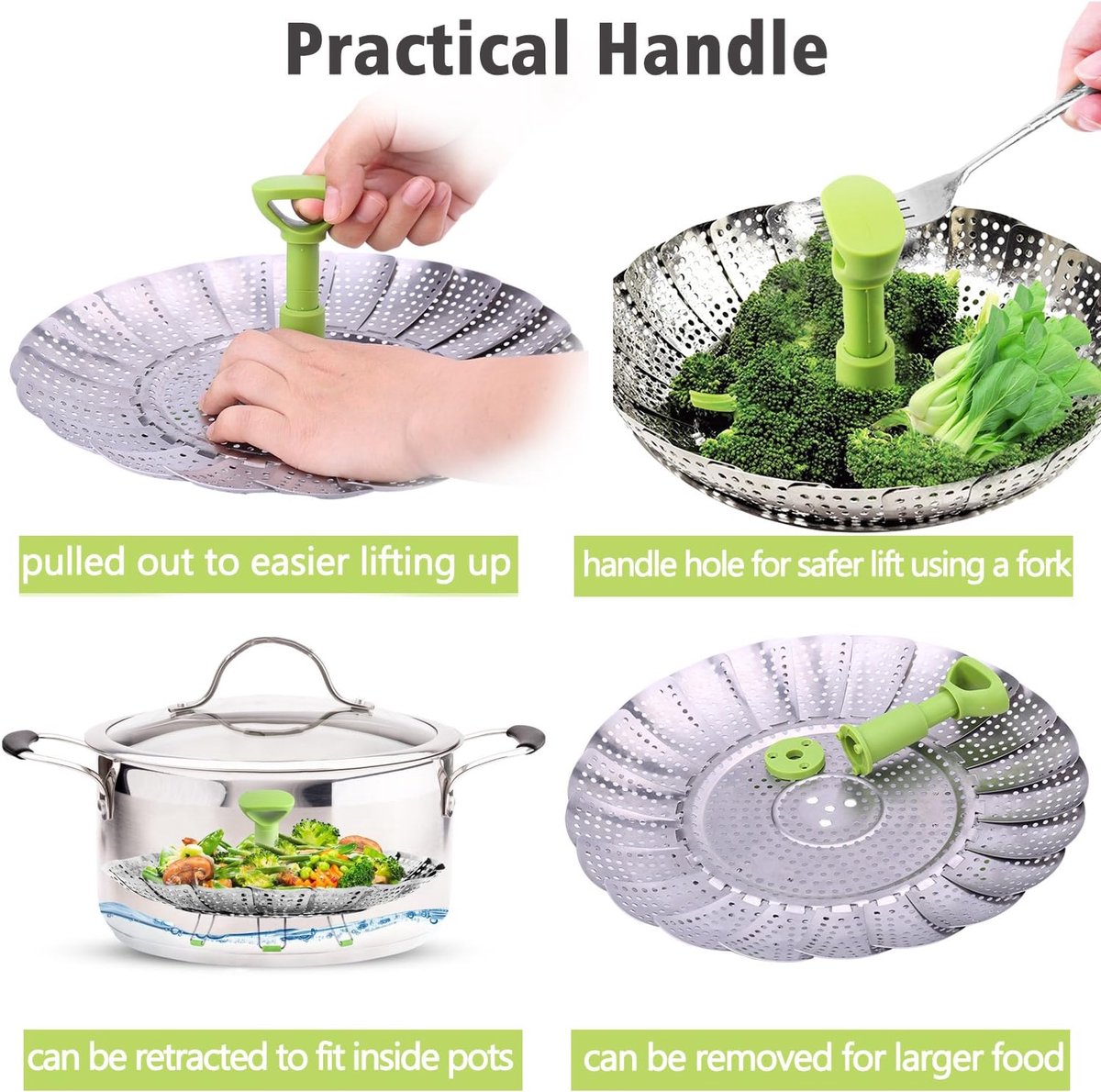 Vegetable steamer - Steamer basket - Stainless steel steamer - Fits all pans - Retractable - Adjustable - Foldable steam liner - With telescopic handle - silver.