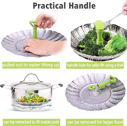 Vegetable steamer - Steamer basket - Stainless steel steamer - Fits all pans - Retractable - Adjustable - Foldable steam liner - With telescopic handle - silver.