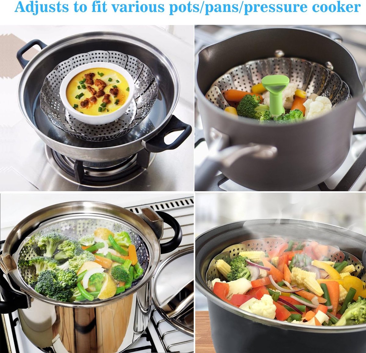 Vegetable steamer - Steamer basket - Stainless steel steamer - Fits all pans - Retractable - Adjustable - Foldable steam liner - With telescopic handle - silver.