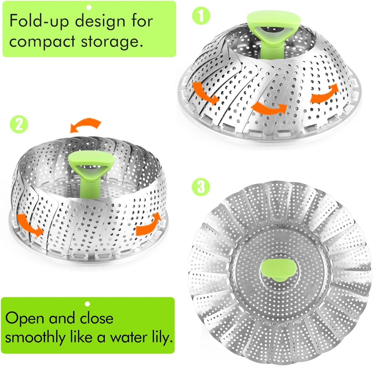 Vegetable steamer - Steamer basket - Stainless steel steamer - Fits all pans - Retractable - Adjustable - Foldable steam liner - With telescopic handle - silver.