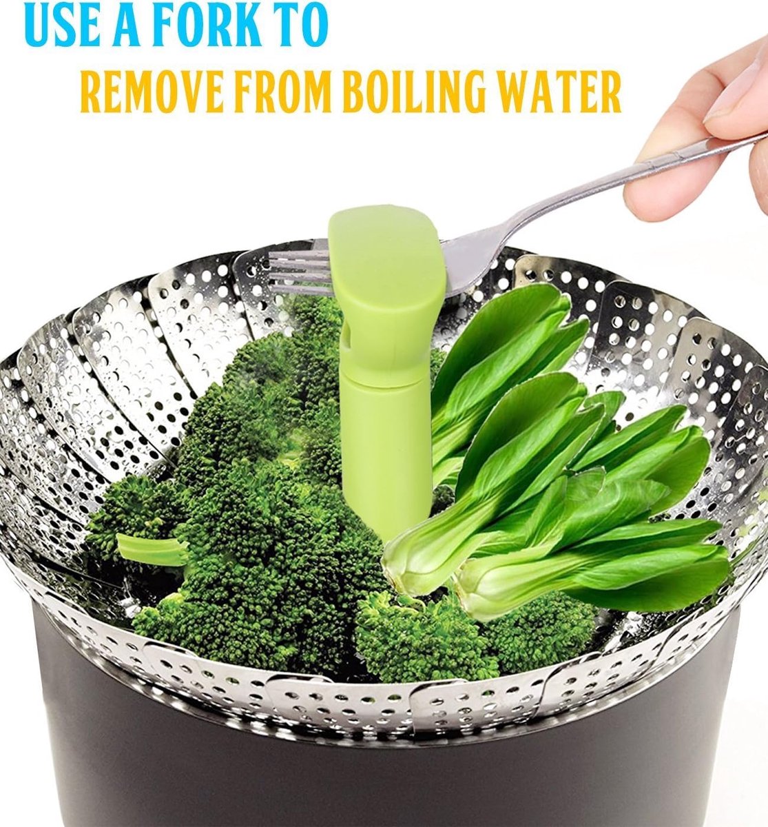 Vegetable steamer - Steamer basket - Stainless steel steamer - Fits all pans - Retractable - Adjustable - Foldable steam liner - With telescopic handle - silver.