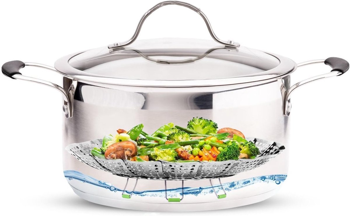 Vegetable steamer - Steamer basket - Stainless steel steamer - Fits all pans - Retractable - Adjustable - Foldable steam liner - With telescopic handle - silver.
