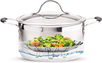 Vegetable steamer - Steamer basket - Stainless steel steamer - Fits all pans - Retractable - Adjustable - Foldable steam liner - With telescopic handle - silver.