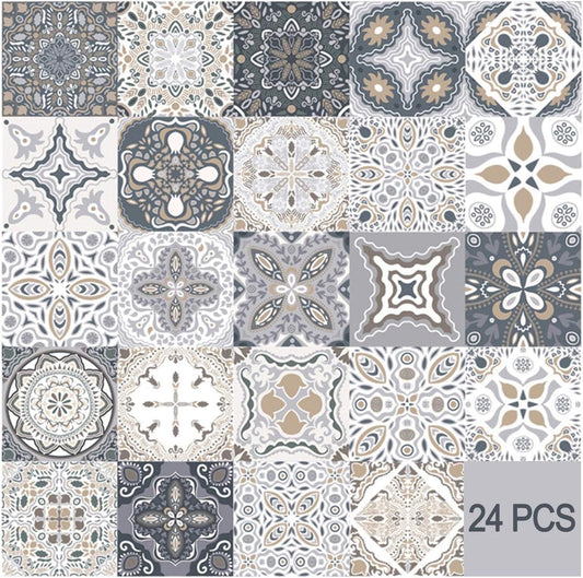 24 Pieces PVC Mosaic Tile Sticker - 10x10 cm - Adhesive Tiles - Moroccan Wall Tile - Waterproof Wallpaper - Decorative Film Furniture Film - Self-Adhesive Tiles - for Kitchen, Cabinet, Furniture, Table - Decorative Sticker Tiles - Adhesive Film Tile Stick