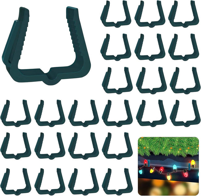 30 pieces - Christmas lighting clips - Light clips - Plastic clips - Lighting hooks - Party lighting clamps - festive string lights clips - hooks - for party decoration, gutter, fencing, roof edge - 49*42*13.7 mm - green. Hover Image