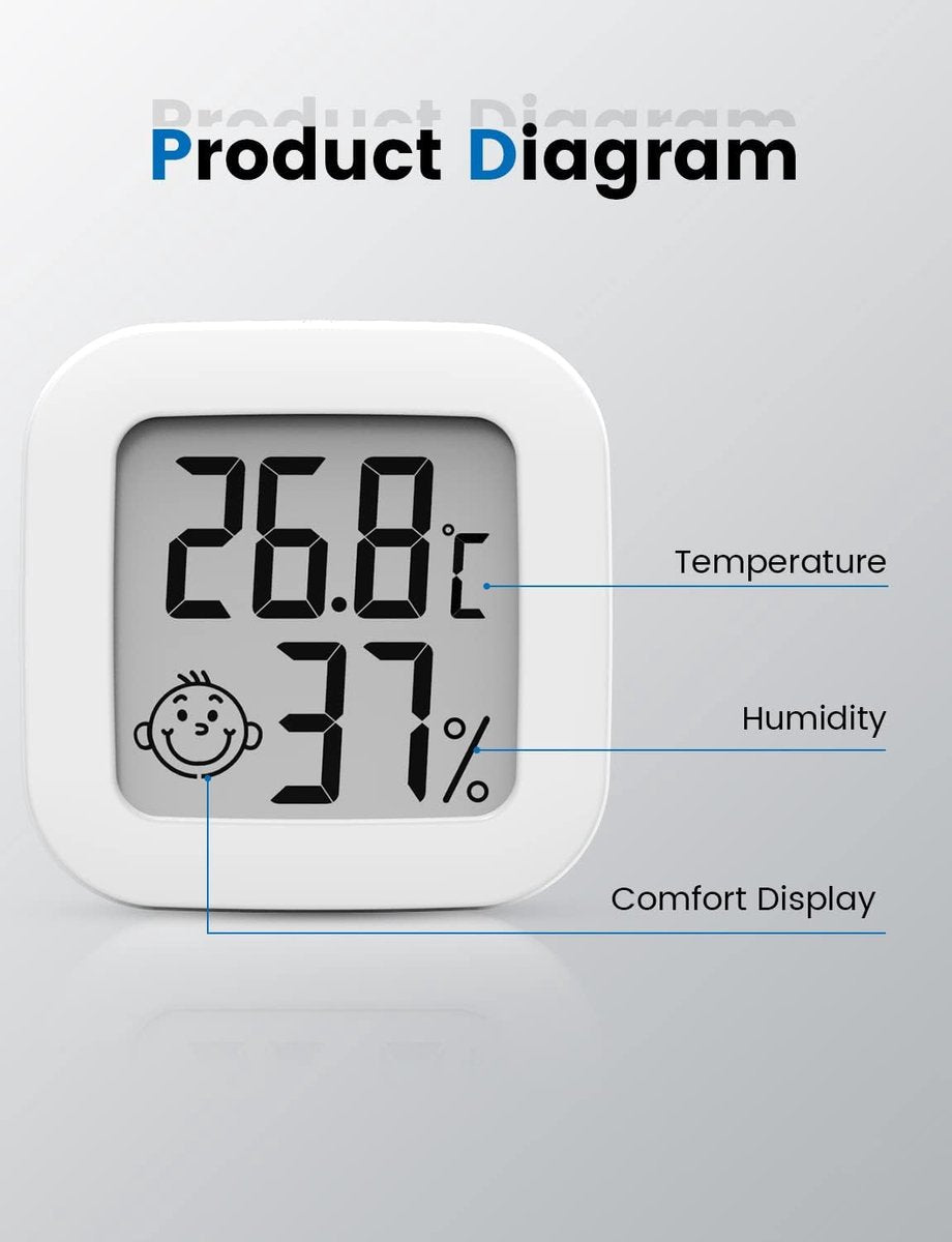 Mini digital indoor thermometer - Weather station - Thermometer - Highly accurate temperature monitor - Indoor thermometer - Hygrometer - Thermo-hygrometer - Comfort level indicator - White.