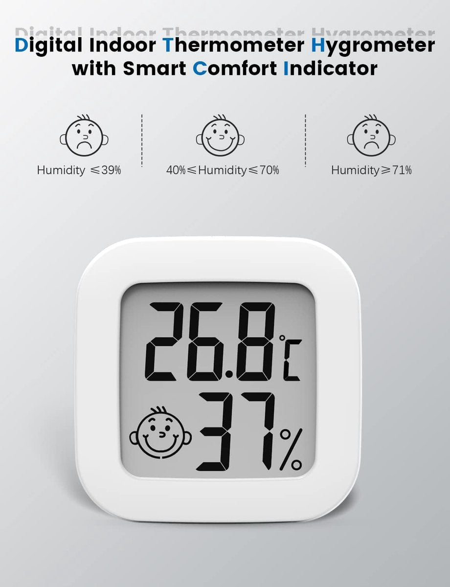 Mini digital indoor thermometer - Weather station - Thermometer - Highly accurate temperature monitor - Indoor thermometer - Hygrometer - Thermo-hygrometer - Comfort level indicator - White.