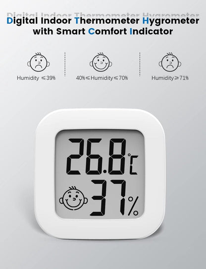 Mini digital indoor thermometer - Weather station - Thermometer - Highly accurate temperature monitor - Indoor thermometer - Hygrometer - Thermo-hygrometer - Comfort level indicator - White.