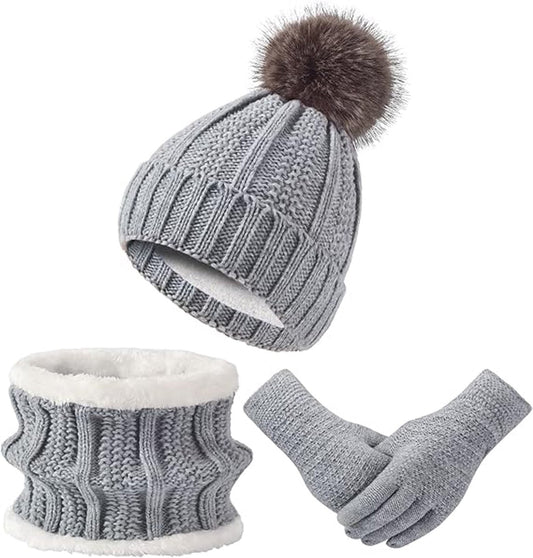 Hat with pompom, scarf and gloves - Three-piece Winter set - knitted fabrics - Warm Baggy Ski Hat - Winter Hat - Neck Warmer - Gloves - Touchscreen Gloves - for Outdoor play, skiing, motorcycling, windproof - for Men, Women - Grey.