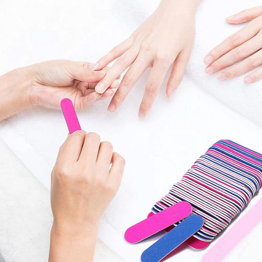 100 pieces - Sanding strips - Nail file - Mini wood file - Shaping nails - nail sanding strips - mini nail file - nail file set - mini nail files - manicure instruments - manicure - for home and salon use - 180/240 grit - 5*1.3 cm - pink, blue.