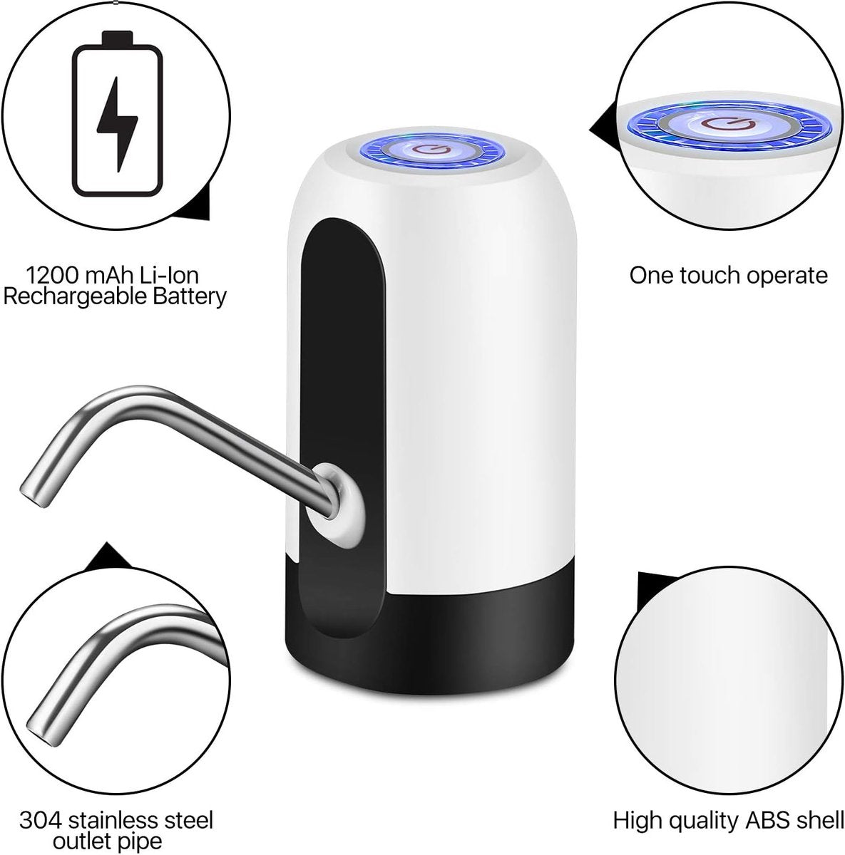 Electric water pump - Portable water pump - Water pump - Water bottle dispenser - detachable electric pump - for desk, countertop, kitchen and office - white - 7.2*7.2*12.5 cm.
