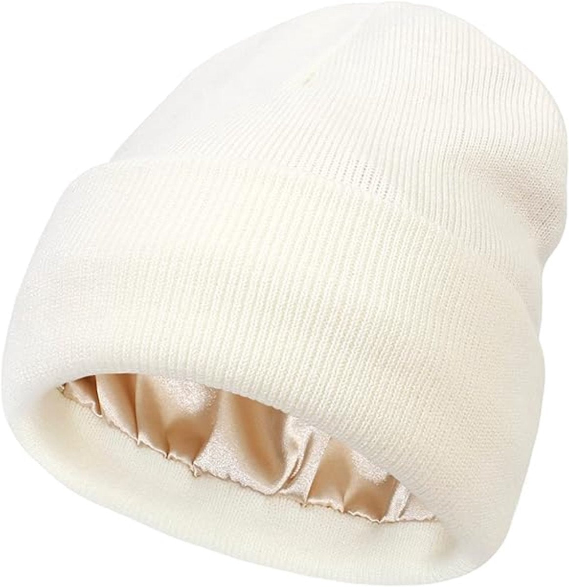 Hat - Knitted hat - Winter hat - Warm hat - Hat with satin lining - warm winter hat - knitted winter hat with fold-over brim - silk lining - soft knitted hat - warm and comfortable - for women and men - white.