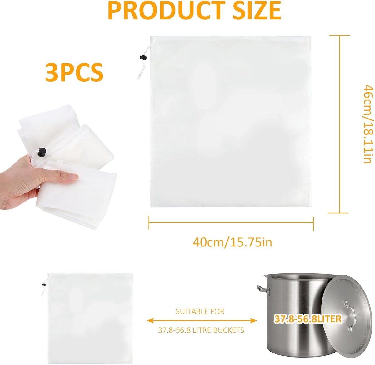 3 pieces - Filter bags - Brew filter bags - Brew bags - Filter Mesh Bags - Strainer cloth - Drawstring filter bags - Fine mesh sieve bags - Reusable - Fine mesh filter wine bag - Beer press - With fine mesh sieve and drawstring closure - 46*40 cm