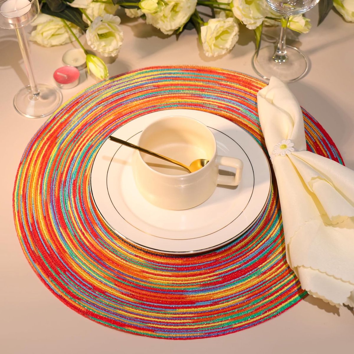 6 pieces - Table mats - Placemats - Round placemats - washable cotton placemats - round braided placemats - Round table mats - Woven placemats - Round placemats - rainbow - 38*38 cm