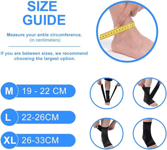 1 pair - Ankle brace - Ankle support - Ankle bandage - Foot brace - Upper neck circumference 22 cm - for damaged ligaments and sprained ankle - support band for heel pain with plantar fasciitis - relief of heel pain - Unisex - M - black.