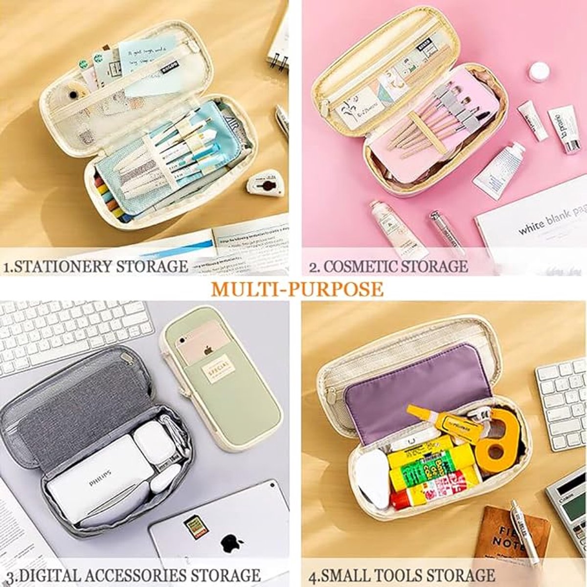 Pencil Case - Expandable Portable Pencil Case - Pencil Case - Large Capacity - With Compartments - Aesthetic Canvas - Can be used for office, school, pencils, stationery, cosmetics - for students - boys/girls - washable - Green