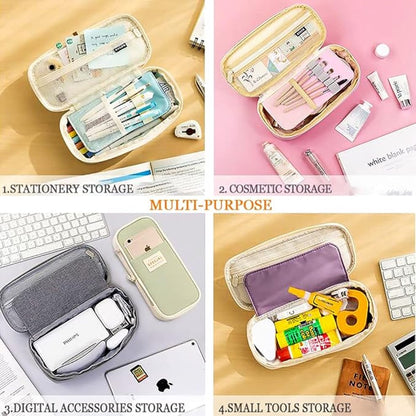 Pencil Case - Expandable Portable Pencil Case - Pencil Case - Large Capacity - With Compartments - Aesthetic Canvas - Can be used for office, school, pencils, stationery, cosmetics - for students - boys/girls - washable - Green