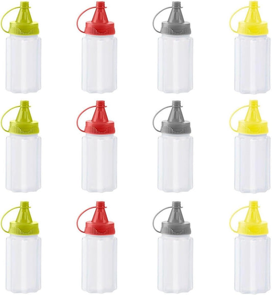 12 pieces - 3.2*3.2*8 cm - sauce bottles - portable sauce bottles - mini sauce bottles - squeeze bottle - ketchup bottle - salad dressing bottle - leak-proof plastic sauce bottles - squeezable sauce containers - kitchen supplies - grey, red, yellow, green
