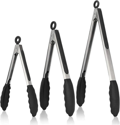 3-piece kitchen tongs set - 7/9/12 inch - Grill tongs - Grill accessories - With hanging loop - Cooking tongs - Heat resistant - Silicone non-stick coating - Stainless steel handles - Ideal for grilling food, salads, frying, and serving - Black