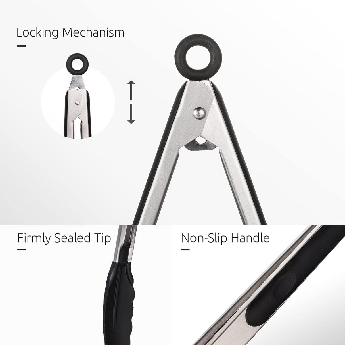 3-piece kitchen tongs set - 7/9/12 inch - Grill tongs - Grill accessories - With hanging loop - Cooking tongs - Heat resistant - Silicone non-stick coating - Stainless steel handles - Ideal for grilling food, salads, frying, and serving - Black