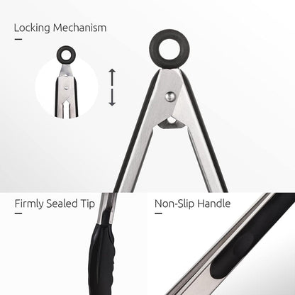 3-piece kitchen tongs set - 7/9/12 inch - Grill tongs - Grill accessories - With hanging loop - Cooking tongs - Heat resistant - Silicone non-stick coating - Stainless steel handles - Ideal for grilling food, salads, frying, and serving - Black