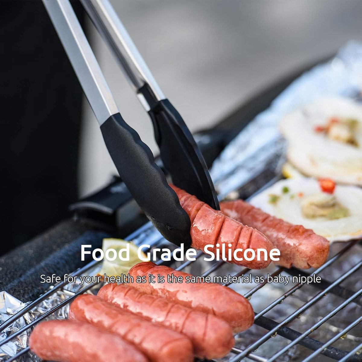 3-piece kitchen tongs set - 7/9/12 inch - Grill tongs - Grill accessories - With hanging loop - Cooking tongs - Heat resistant - Silicone non-stick coating - Stainless steel handles - Ideal for grilling food, salads, frying, and serving - Black