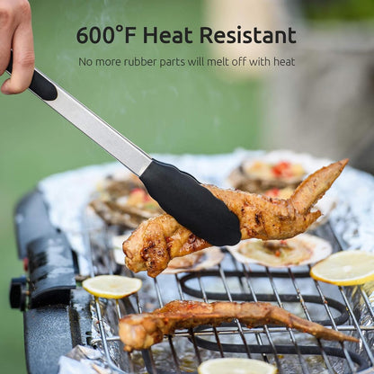 3-piece kitchen tongs set - 7/9/12 inch - Grill tongs - Grill accessories - With hanging loop - Cooking tongs - Heat resistant - Silicone non-stick coating - Stainless steel handles - Ideal for grilling food, salads, frying, and serving - Black