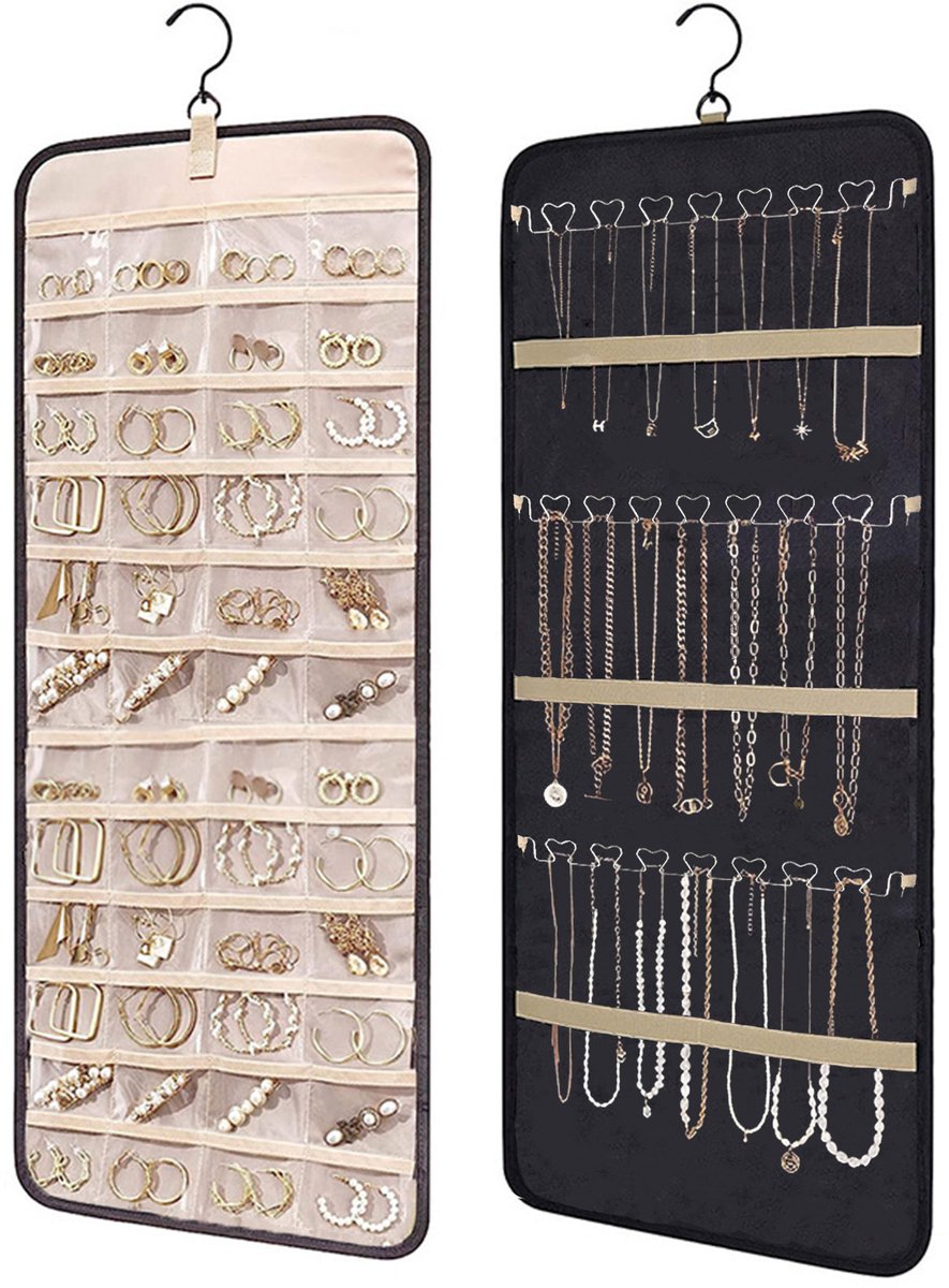 Jewelry organizer - 1 piece - Jewelry holder - Felt hanging bag - Earring organizer - Hanging jewelry organizer - Storage bag - Display rack - Double-sided necklace holder - Jewelry necklace organizer - with large zippered pockets and hooks - 84*36cm - bl.