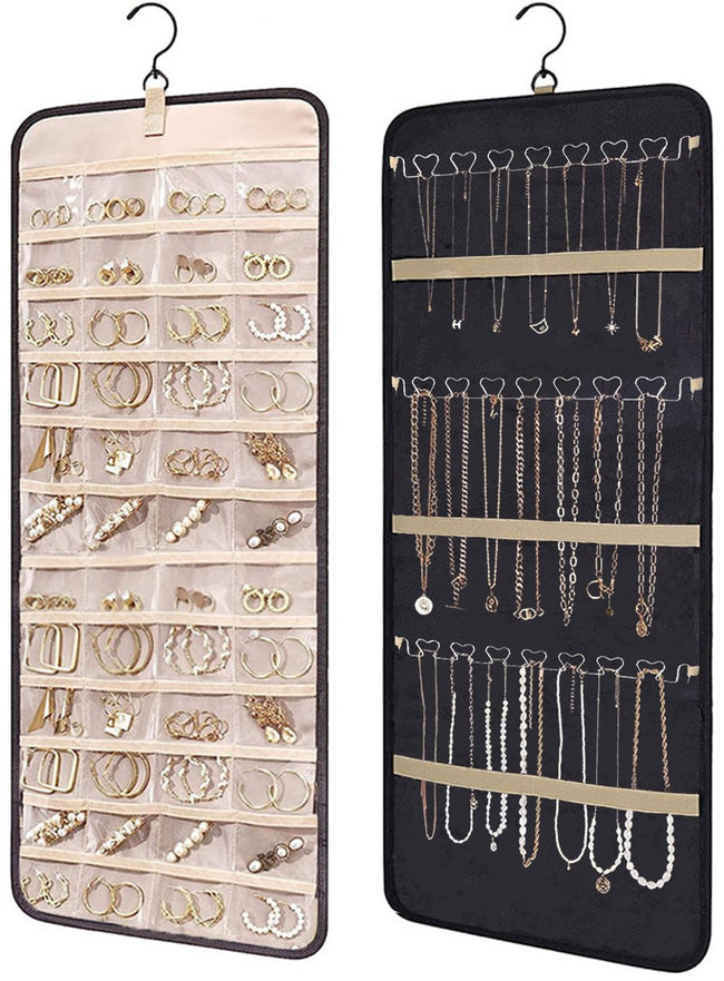 Jewelry organizer - 1 piece - Jewelry holder - Felt hanging bag - Earring organizer - Hanging jewelry organizer - Storage bag - Display rack - Double-sided necklace holder - Jewelry necklace organizer - with large zippered pockets and hooks - 84*36cm - bl. Hover Image