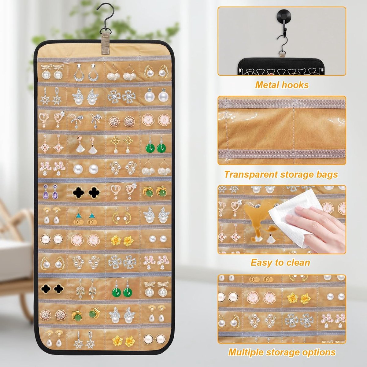 Jewelry organizer - 1 piece - Jewelry holder - Felt hanging bag - Earring organizer - Hanging jewelry organizer - Storage bag - Display rack - Double-sided necklace holder - Jewelry necklace organizer - with large zippered pockets and hooks - 84*36cm - bl.