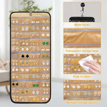 Jewelry organizer - 1 piece - Jewelry holder - Felt hanging bag - Earring organizer - Hanging jewelry organizer - Storage bag - Display rack - Double-sided necklace holder - Jewelry necklace organizer - with large zippered pockets and hooks - 84*36cm - bl.