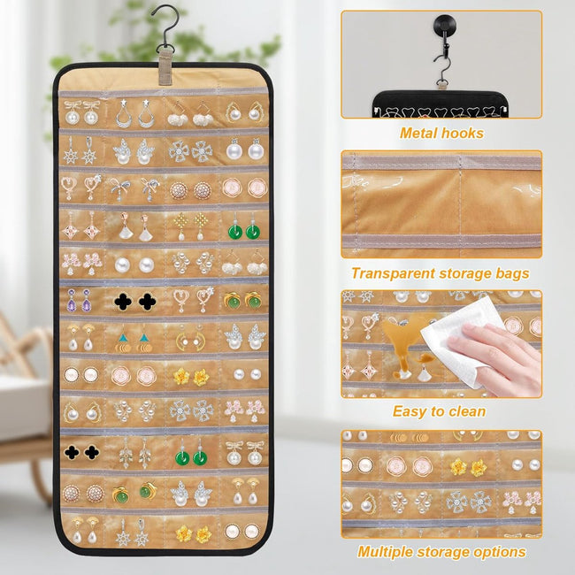 Jewelry organizer - 1 piece - Jewelry holder - Felt hanging bag - Earring organizer - Hanging jewelry organizer - Storage bag - Display rack - Double-sided necklace holder - Jewelry necklace organizer - with large zippered pockets and hooks - 84*36cm - bl Main Image