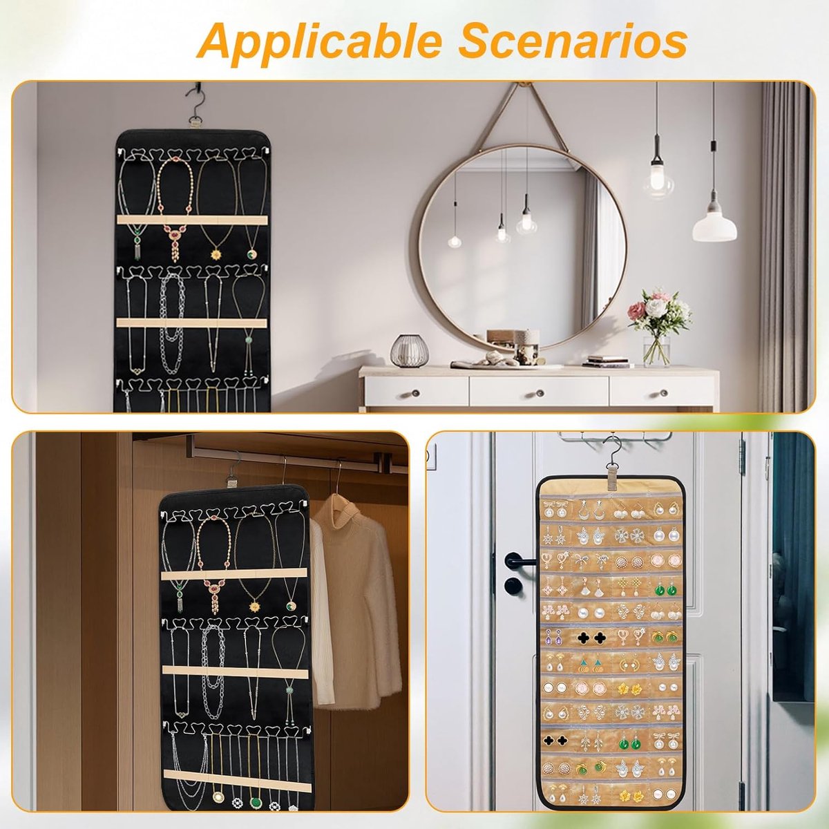 Jewelry organizer - 1 piece - Jewelry holder - Felt hanging bag - Earring organizer - Hanging jewelry organizer - Storage bag - Display rack - Double-sided necklace holder - Jewelry necklace organizer - with large zippered pockets and hooks - 84*36cm - bl.